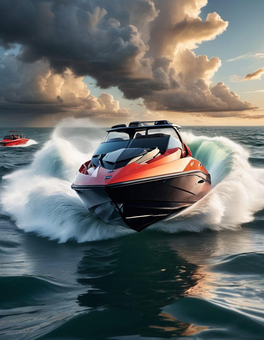 An illustrative representation of a sleek watercraft navigating through turbulent waters, surrounded by floating insurance policy documents and a shield symbolizing protection. Incorporate elements such as storm clouds parting to reveal sunlight, symbolizing clarity and understanding. Include various watercraft types, like yachts and jet skis, reflecting the diversity in watercraft insurance. The scene should be infused with a sense of adventure and security, showcasing dynamic elements and vibrant colors. super-realistic. vibrant colors. dynamic composition.