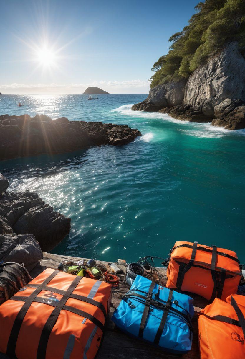 A vibrant coastal scene featuring a mariner inspecting his boat, surrounded by gear bags filled with essential safety equipment like life vests, flares, and first aid kits. In the background, clear blue waters and a distant island set a serene mood. The sunlight glints off the waves, enhancing the adventurous spirit of the setting. Ideal for representing marine protection. super-realistic. vibrant colors. 3D.