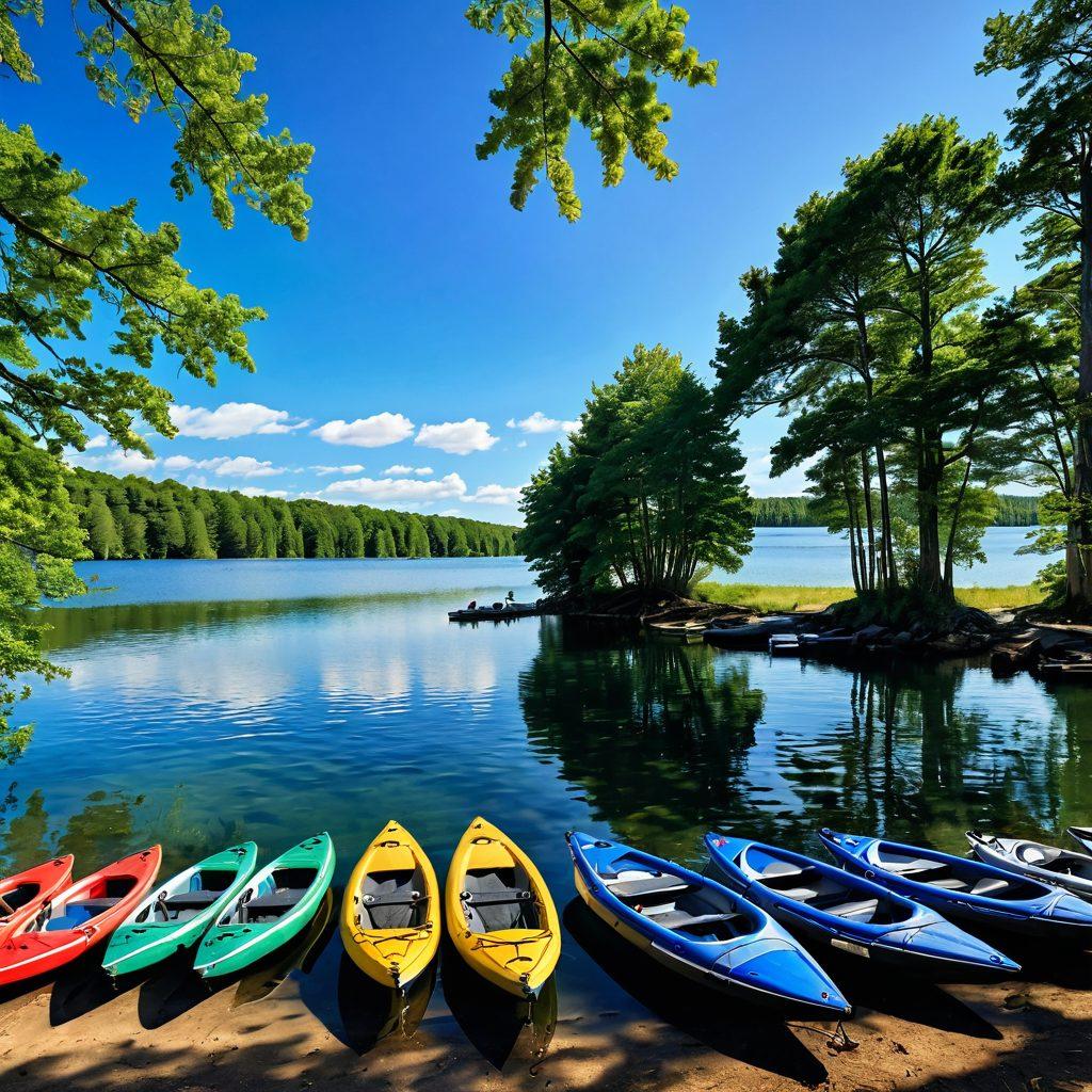 A serene scene featuring various watercraft like sailboats, jet skis, and canoes bobbing on a tranquil blue lake, complemented by lush green trees and a clear sky. The image should merge elements of adventure and safety, such as a life jacket and marine insurance documents subtly placed on a picnic table nearby. Ensure a sense of freedom and exploration, capturing the essence of nautical adventures while highlighting the importance of protection. super-realistic. vibrant colors. peaceful atmosphere.
